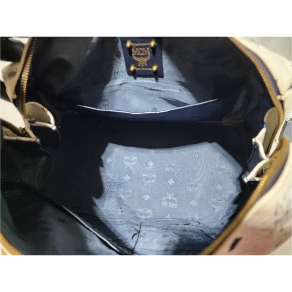 Authentic MCM Vintage Coated Canvas visetos Handle Bag Navy Blue/White - Picture 13 of 14